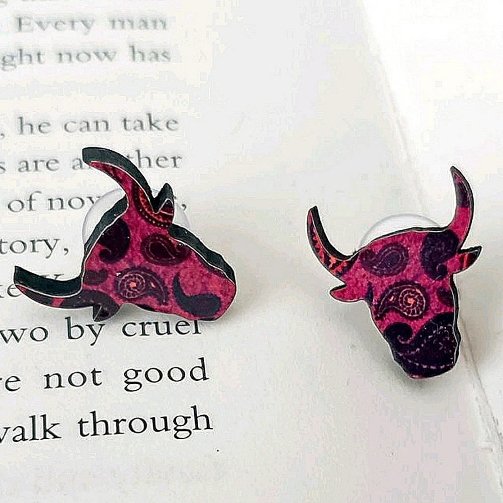 Hot Pink Paisley Bull Head Earrings